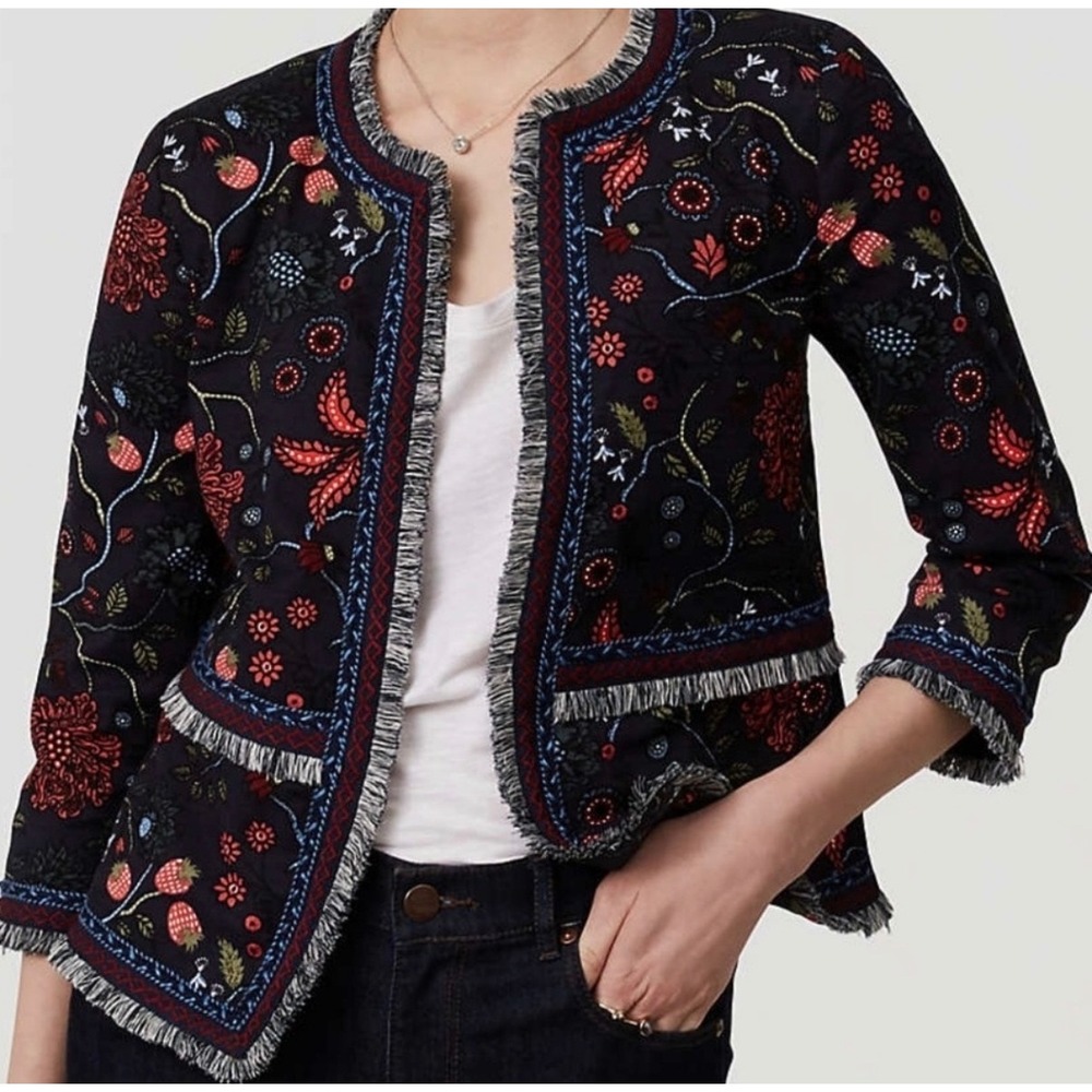 Loft Jacket Womens 2P Blue Floral Strawberry Embroidered Fringe Open Front NWT